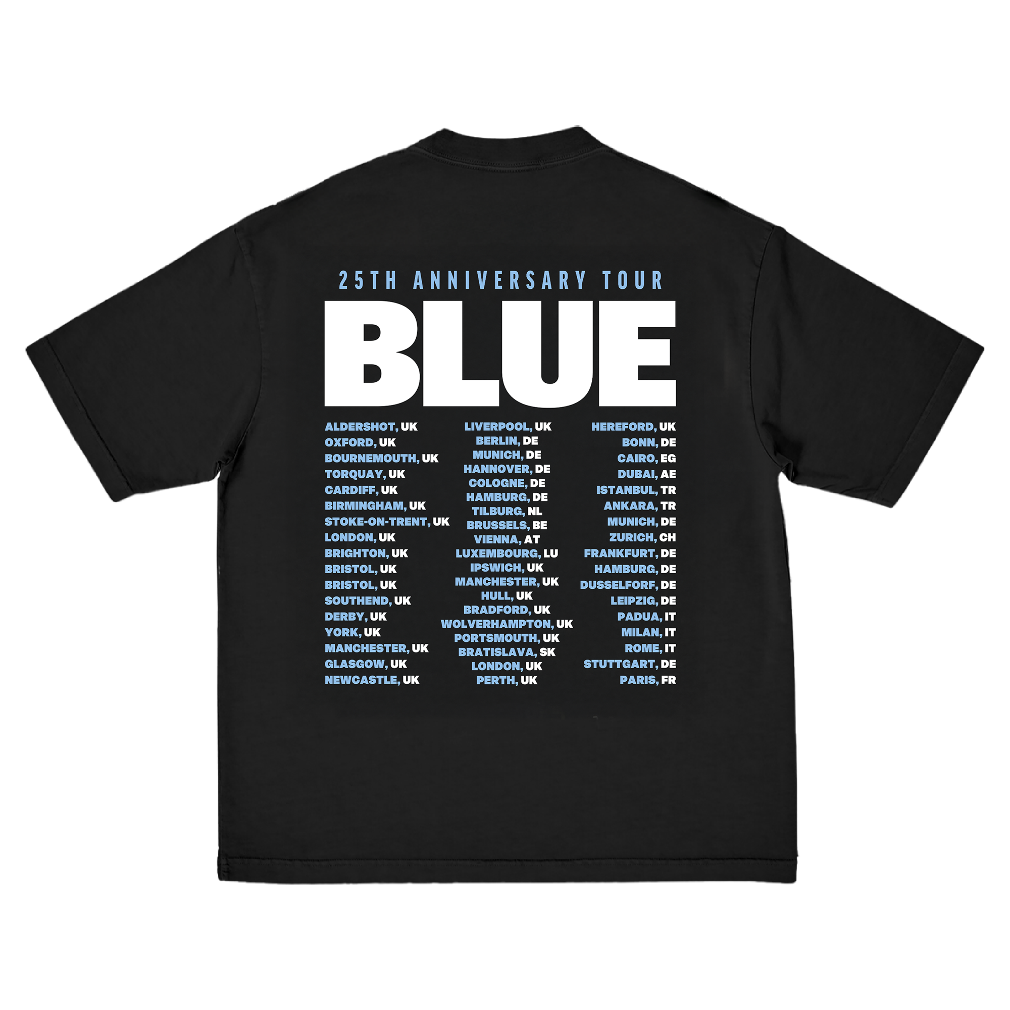 Black t-shirt with '25th Anniversary Tour BLUE' text and EU tour dates