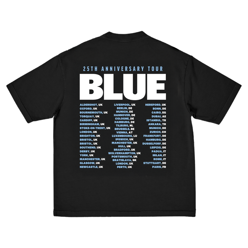 Black t-shirt with '25th Anniversary Tour BLUE' text and EU tour dates