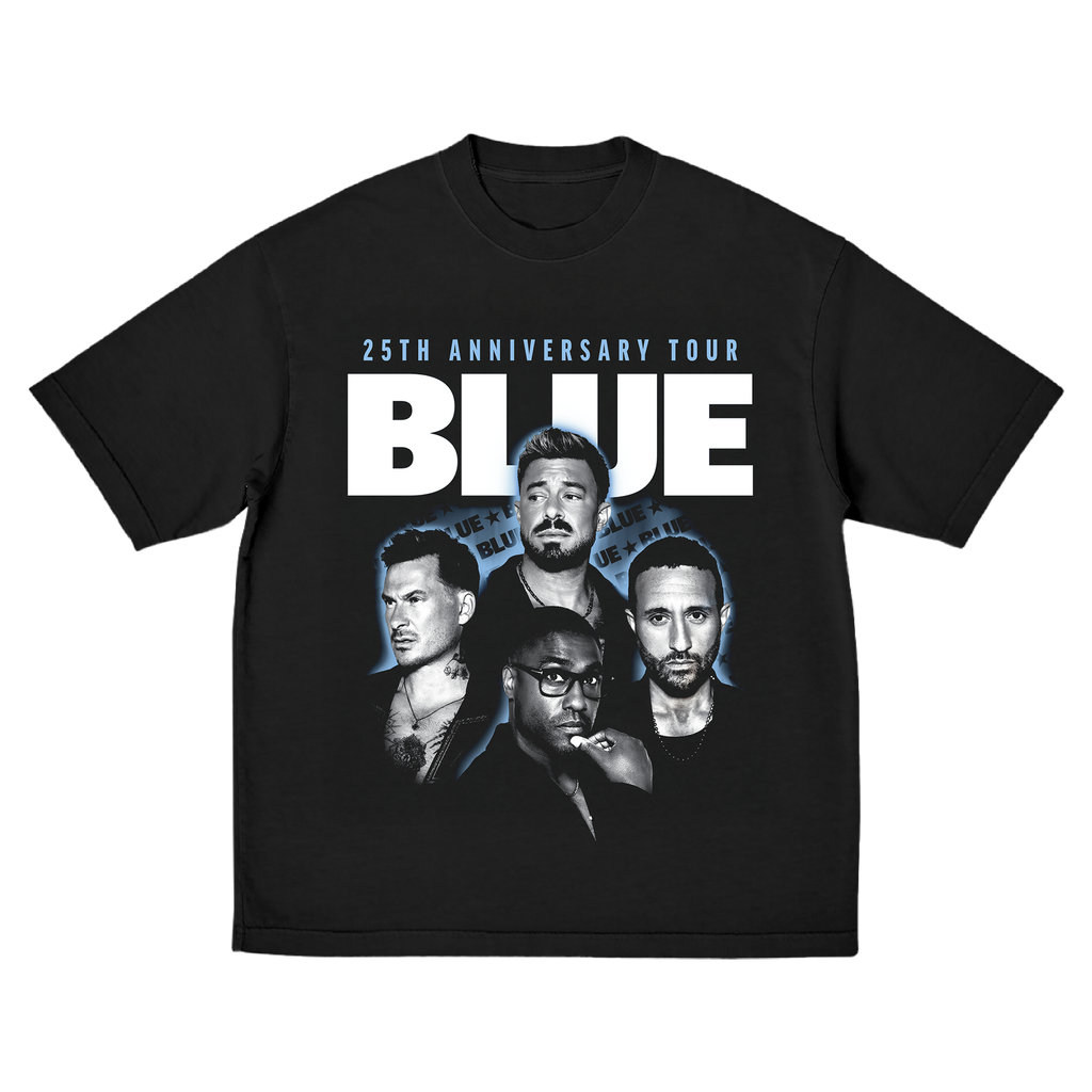 Black t-shirt with 'BLUE' 25th Anniversary Tour design featuring band photo from 2025