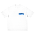 White t-shirt with 'BLUE' logo on a white background