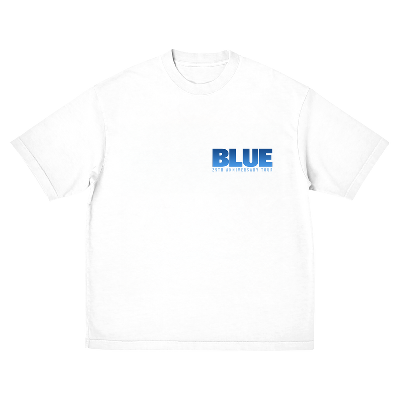 White t-shirt with 'BLUE' logo on a white background