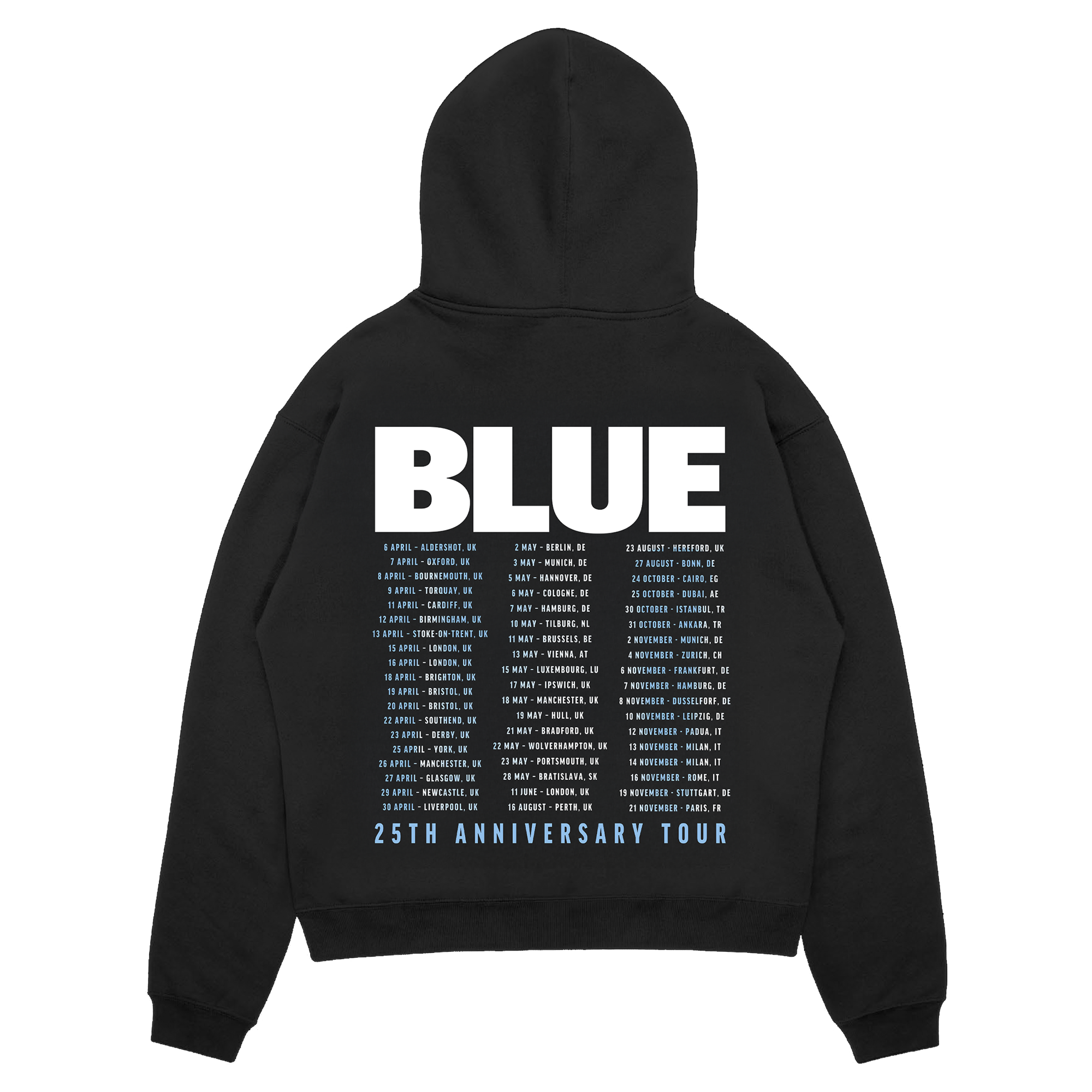 Black hoodie with 'BLUE' logo and tour dates print back design