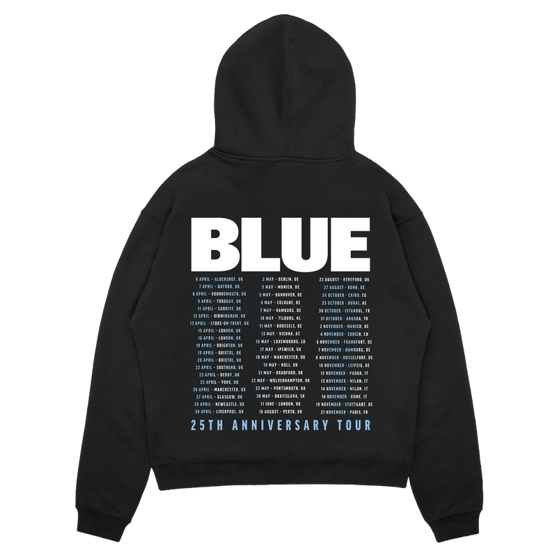 Black hoodie with 'BLUE' logo and tour dates print back design