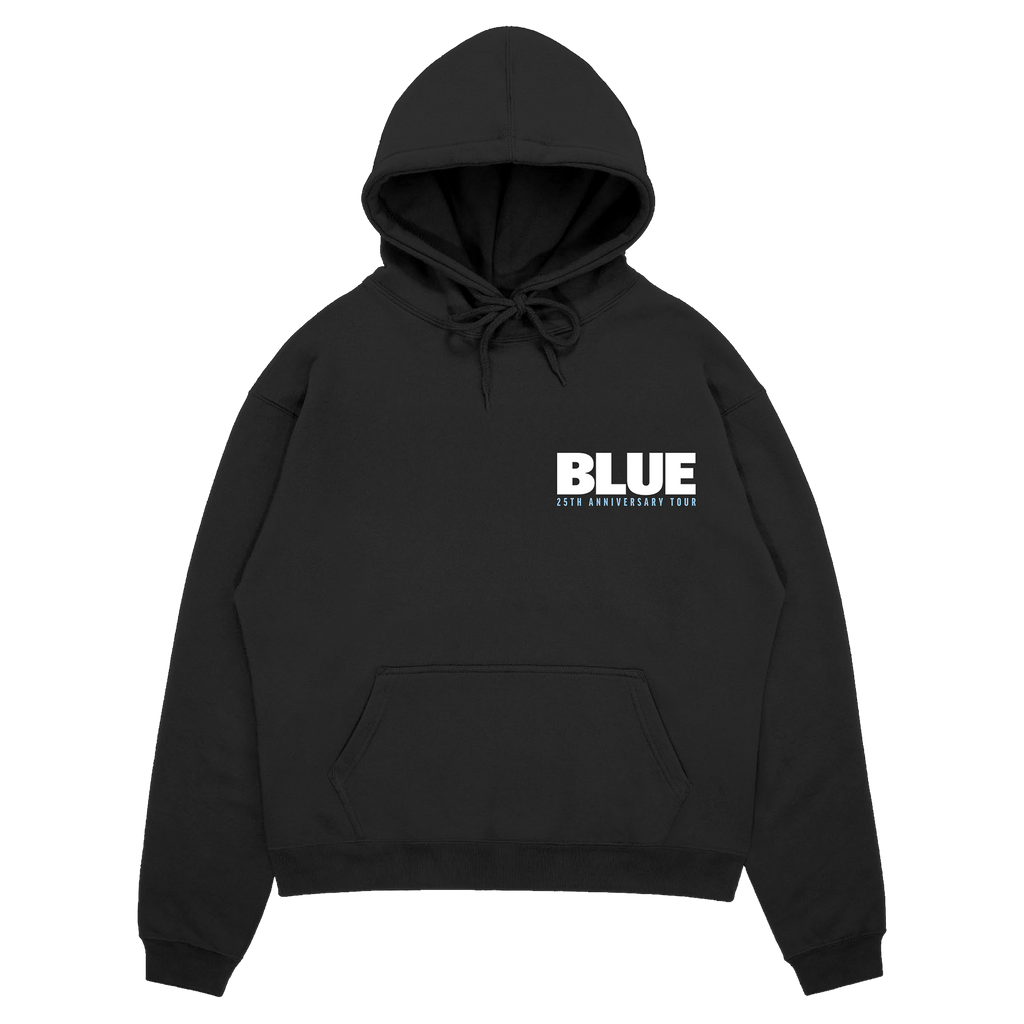 Black hoodie with 'BLUE' logo and tour dates print back design