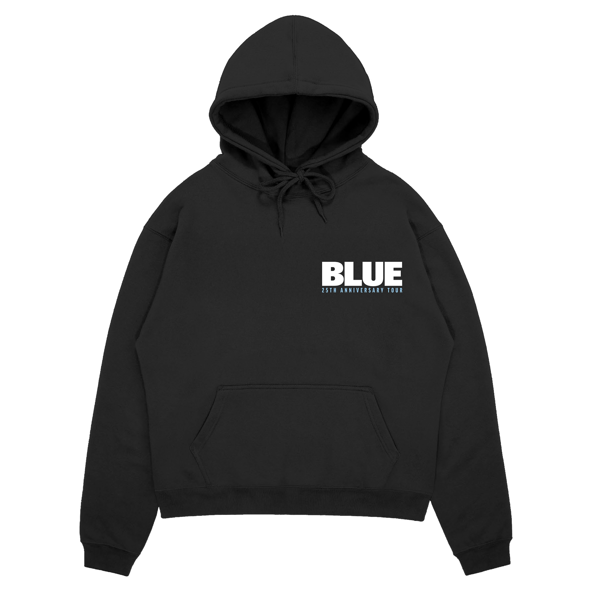 Black hoodie with 'BLUE' logo and tour dates print back design