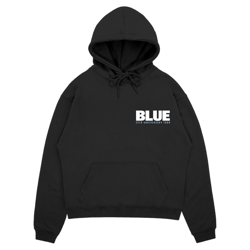 Black hoodie with 'BLUE' logo and tour dates print back design
