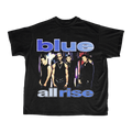 Black t-shirt with 'blue' and 'all rise' text and band members photo print