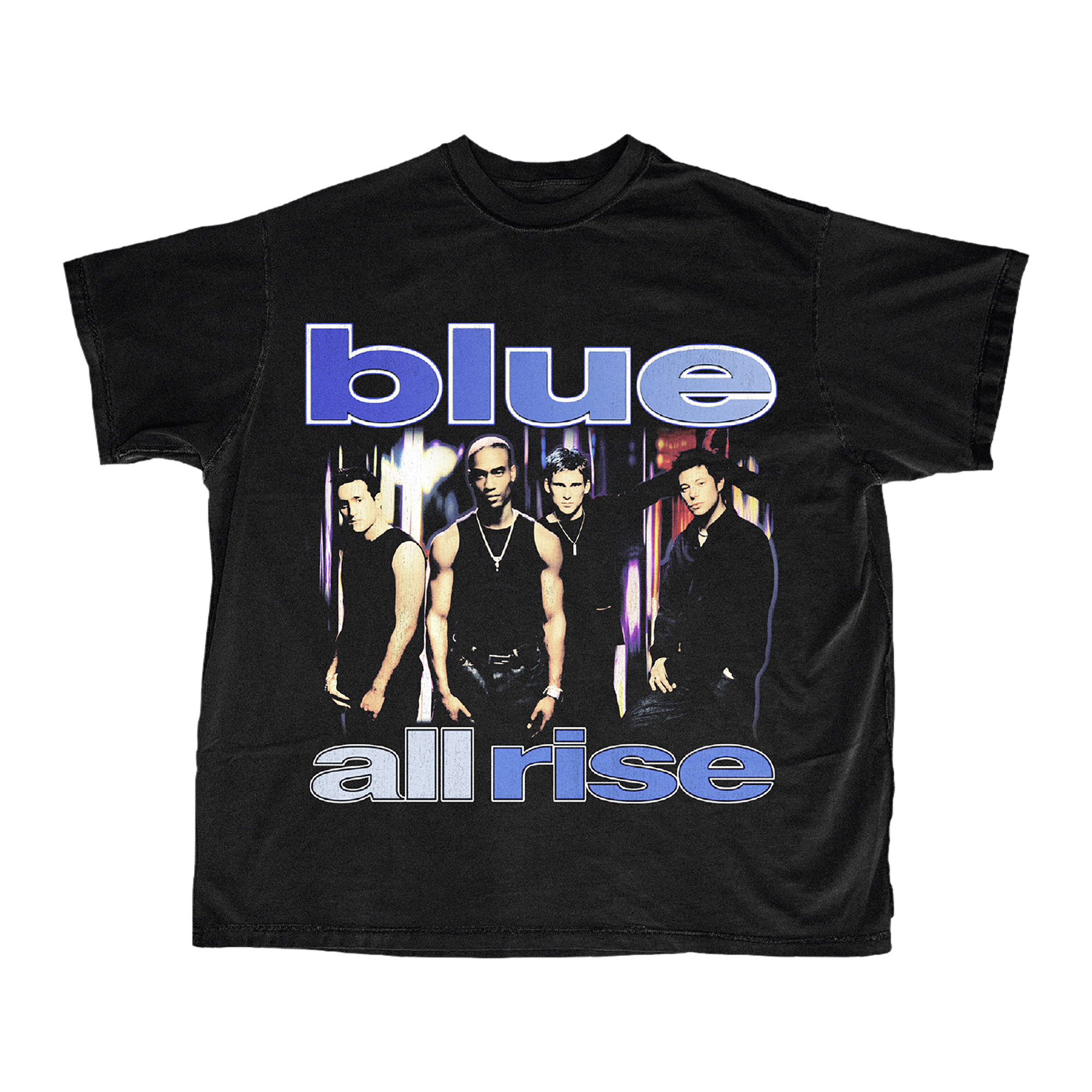 Black t-shirt with 'blue' and 'all rise' text and band members photo print