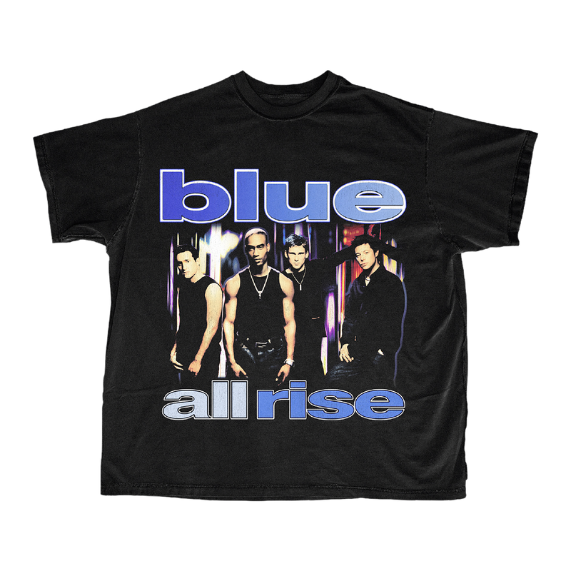 Black t-shirt with 'blue' and 'all rise' text and band members photo print