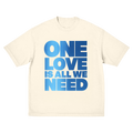 Off-white t-shirt with blue 'ONE LOVE IS ALL WE NEED' print on