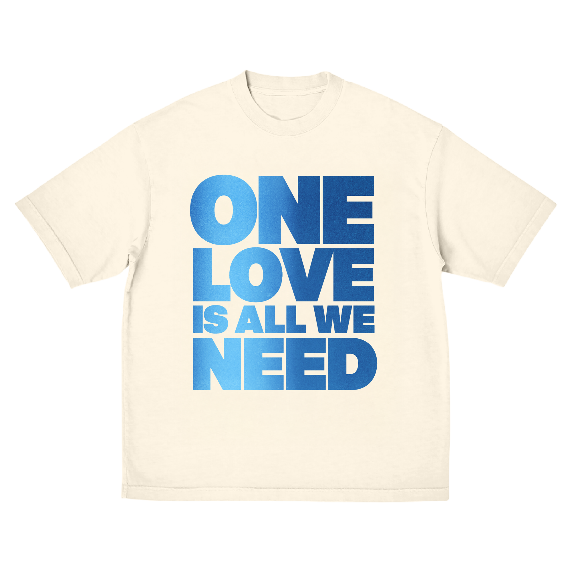 Off-white t-shirt with blue 'ONE LOVE IS ALL WE NEED' print on