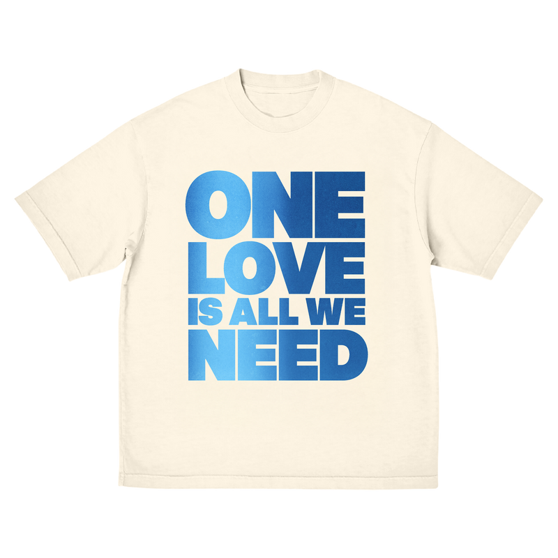 Off-white t-shirt with blue 'ONE LOVE IS ALL WE NEED' print on