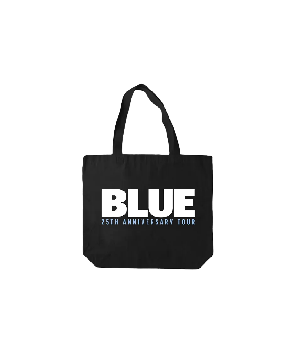 Black tote bag with 'BLUE 25th Anniversary Tour' text on