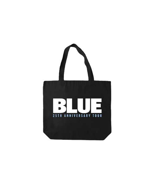 Black tote bag with 'BLUE 25th Anniversary Tour' text on