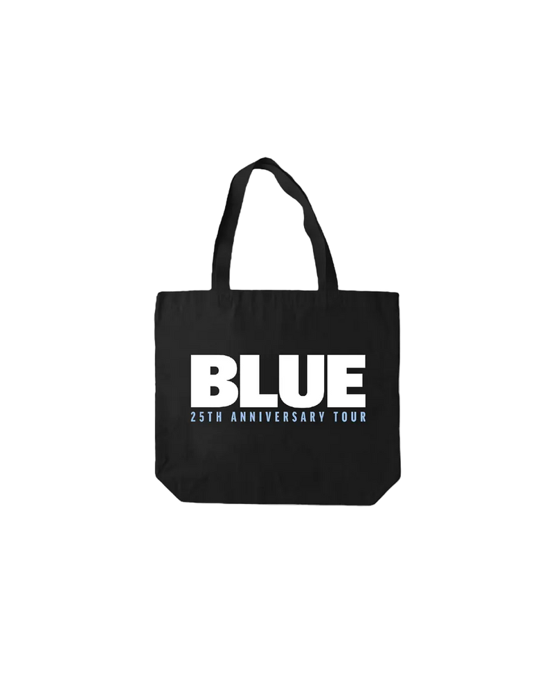 Black tote bag with 'BLUE 25th Anniversary Tour' text on