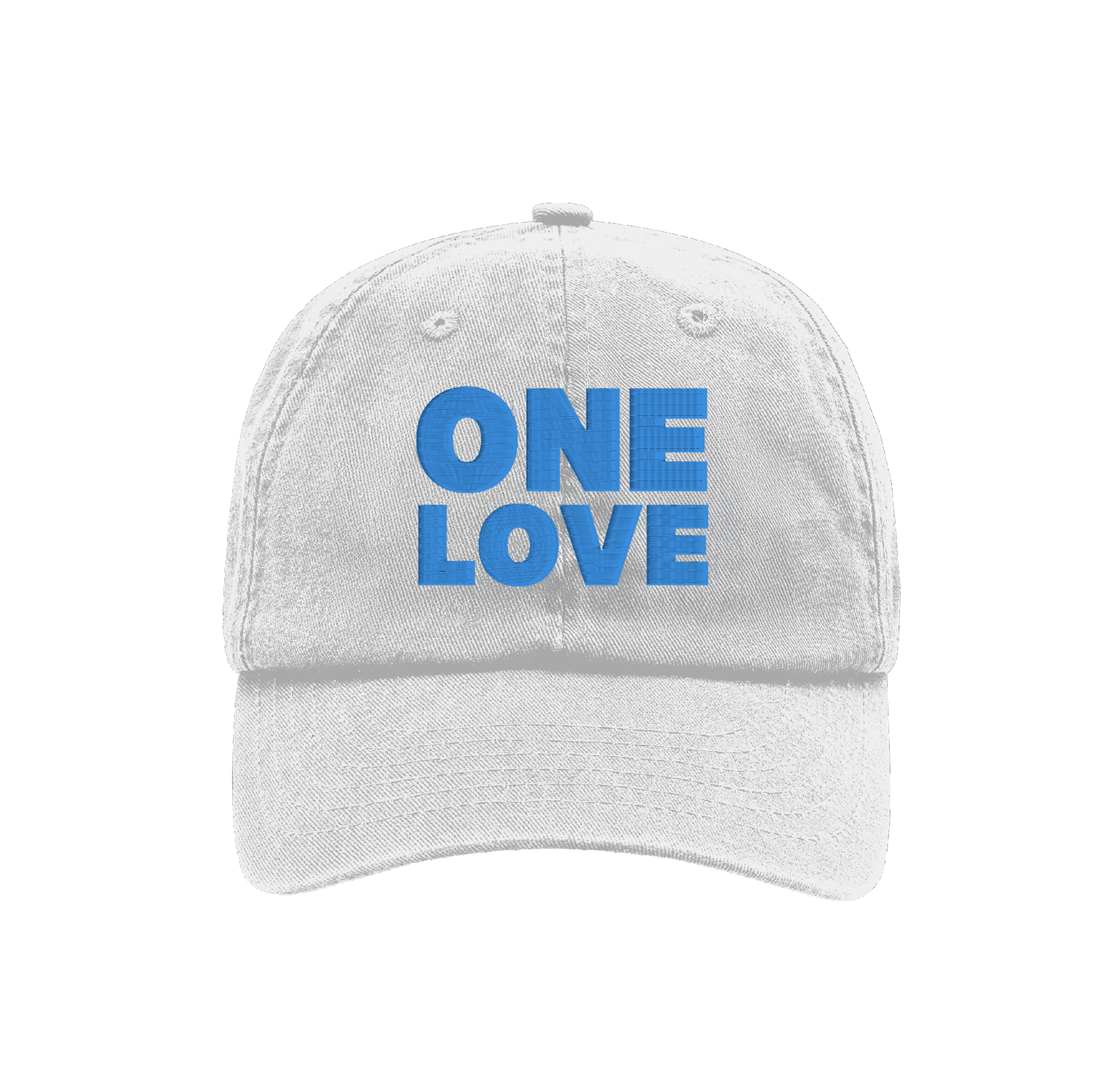 White cap with 'ONE LOVE' text in blue on a white background