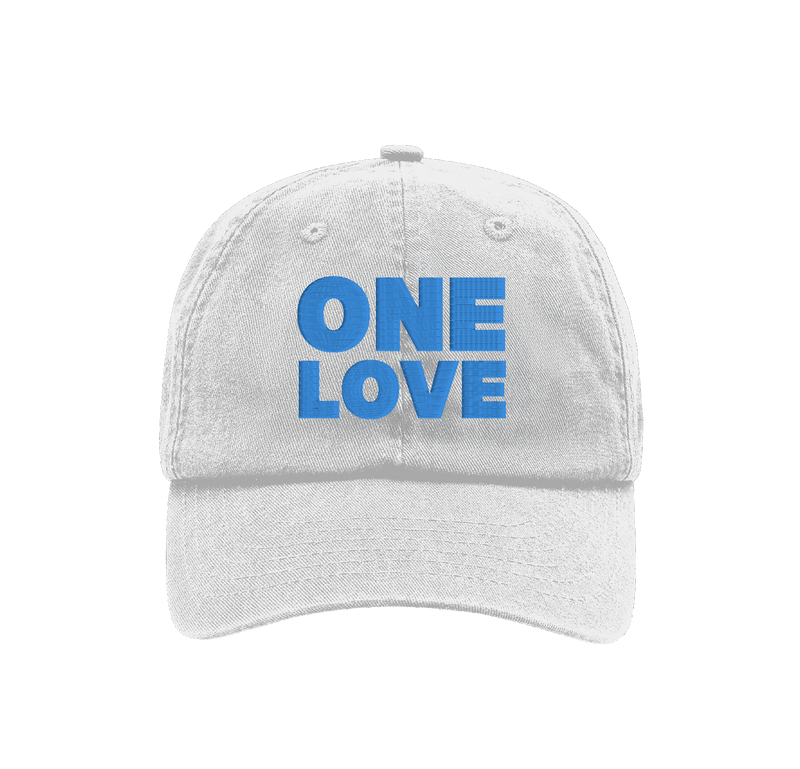 White cap with 'ONE LOVE' text in blue on a white background